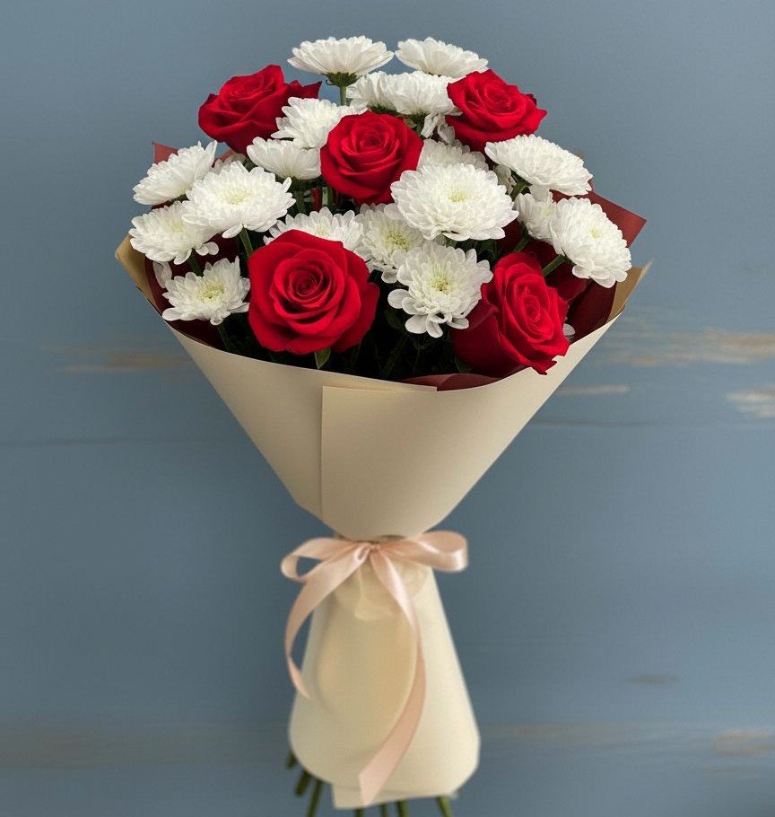 Букет цветов из: Розы и Хризантемы в Нижнетроицкий