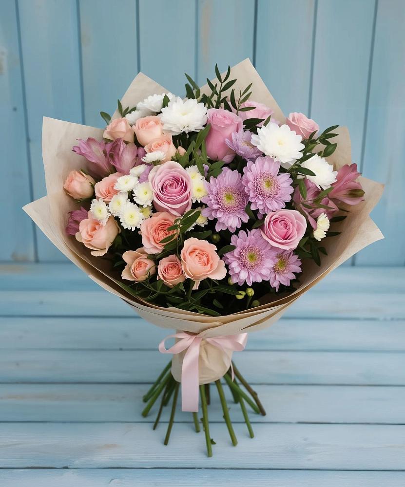 Букет цветов из: Хризантемы, Розы и Альстромерии в Нижнетроицкий