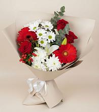 Букет цветов из:  Розы, Хризантемы, Герберы и Лилии в Нижнетроицкий