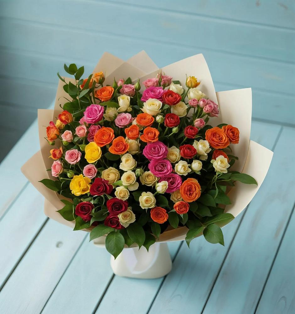 Букет Микс из разноцветных кустовых роз в Нижнетроицкий