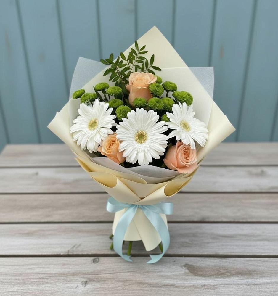 Букет цветов из: Герберы, Розы и Хризантемы в Нижнетроицкий