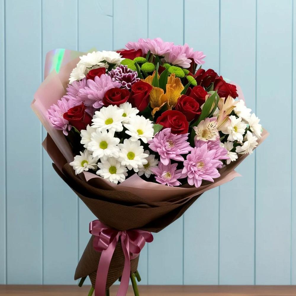 Букет цветов из: Розы, Хризантемы и Альстромерии в Нижнетроицкий