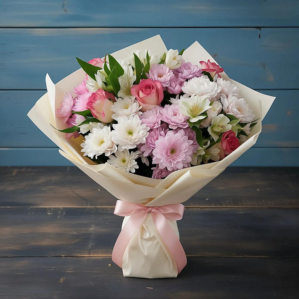 Букет цветов из: Хризантемы, Альстромерии и Розы в Нижнетроицкий